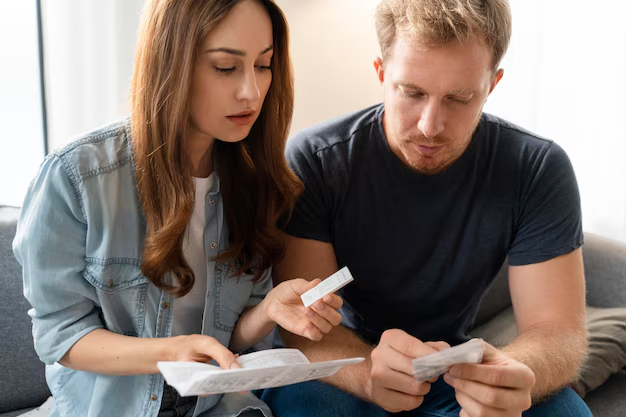 Couple on a sofa reading paperwork together